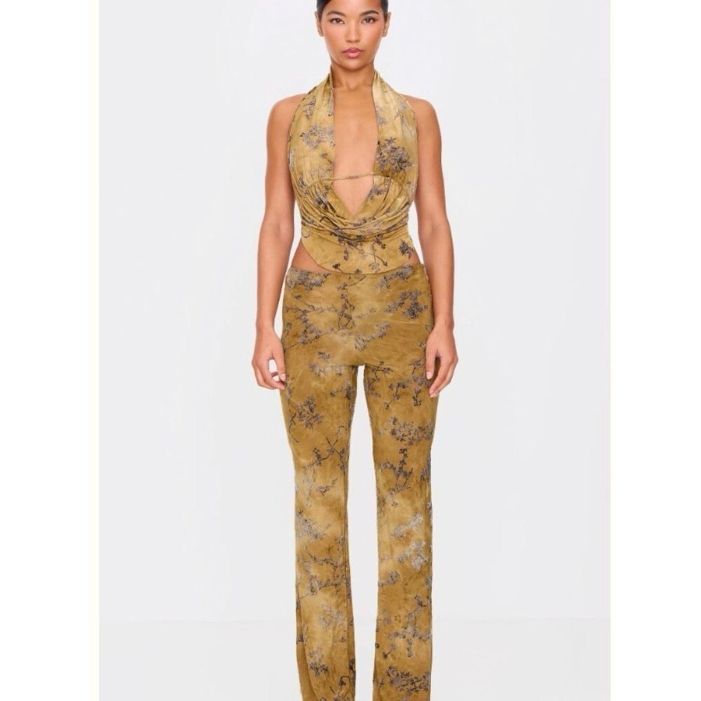 Pretty Little Thing Olive Floral Print Devore Slim Flare Trousers Co-Ord